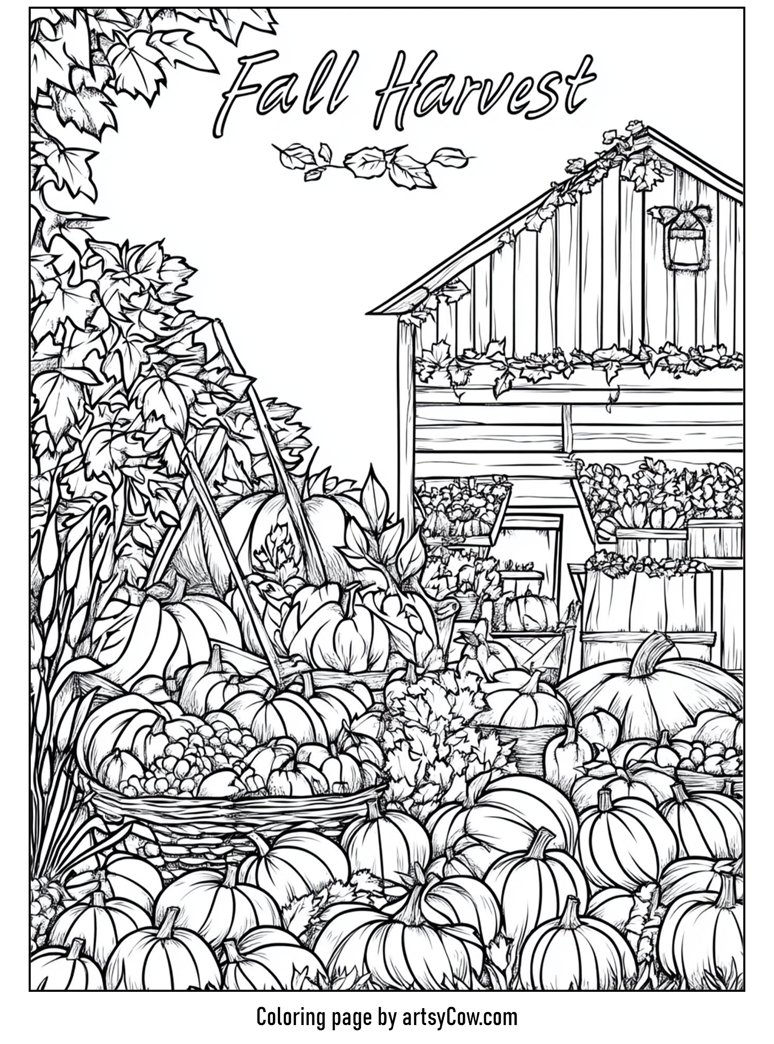 thanksgiving coloring pages for adults featuring a fall harvest market with pumpkins and leaves around a barn